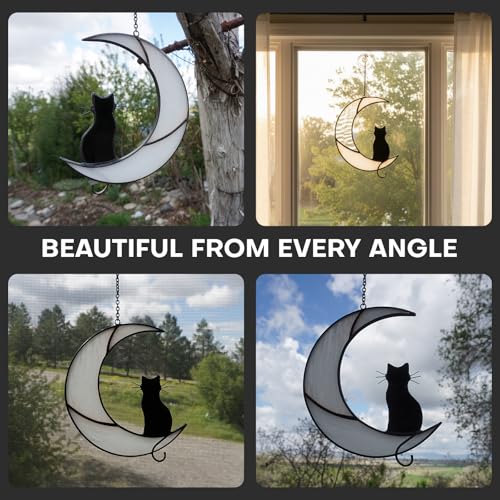 Cat Moon Stained Glass Suncatcher, Window Hanging Decor, Black & White - color: White Black