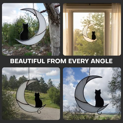 Cat Moon Stained Glass Suncatcher, Window Hanging Decor, Black & White - color: White Black