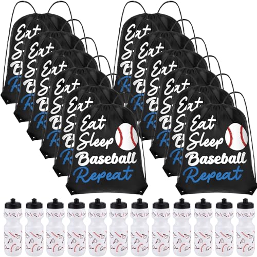 Reallnaive Party Favors Gifts, 24 oz Water Bottles Reusable Sport Squeeze Drinking Cup, Eat Sleep Drawstring Bag Cinch Sack Sport Pack for School Team Gift Event Accessories - style: Baseball