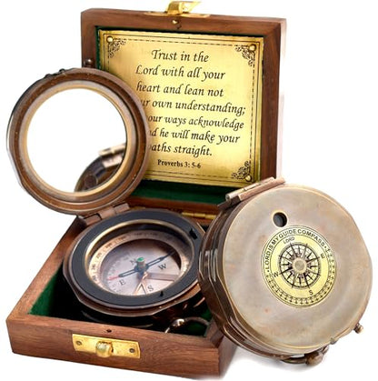 Trust in The Lord With All Your Heart - Proverbs 3:5-6 Quote Engraved Compass With Wooden Box, Greeting Card, Gift Compass, Graduation Day Gifts 2024 for Women Men Boys Girls - style: #5 Trust in The Lord Compass -Proverbs 3: 5-6