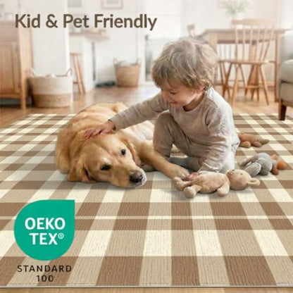 9'x12' Washable Flatwoven Rug, Cream Farmhouse Plaid Stain Resistant Massive Carpet for Dining Room, Basement, Large Office, Non-Slip Chair-Friendly Mat | Ref:1910428 - color: Beige/Pattern 29, size: 9' x 12' (Rectangular)