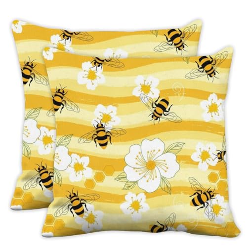Cute bee Pillow Covers 18x18 in Yellow Striped Pillow Covers 18x18 Set of 2 Farmhouse Cartoon Summer White Floral Pillows Cover Rustic Spring Flower Pillows Cover Decor for Couch Sofa - color: Summer Bee Flowers