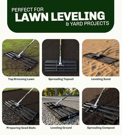 Gardease Lawn Leveling Rake, 30" x 10", Heavy Duty Steel Lawn Leveler | 2mm reinforced steel resists bending. Powder-coated rust protection. Easy 3-piece assembly. Lifetime replacement guarantee.