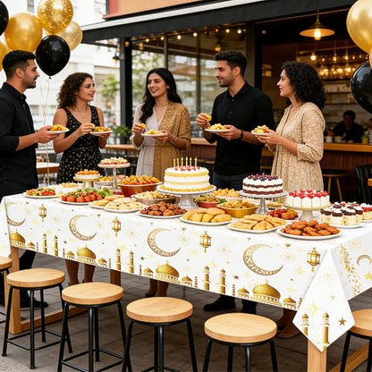 Eid Mubarak Tablecloth Ramadan Decorations for Table Ramadan Mubarak Table Cover for Eid Al-fitr Muslim Islam Party Decor Sign 54 x 108 Inch Black & White