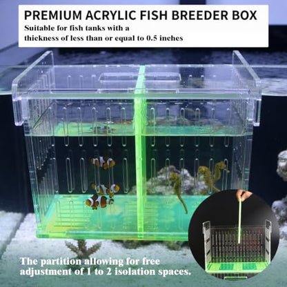 Green Acrylic Aquarium Breeder Box, 7.4x5.3x6.3 in Hang-On Fish Isolation Box with Long Handle Net, Removable Divider & Feeding Hole for Betta Guppy Shrimp Freshwater Saltwater - color: Green, size: 7.4x5.3x6.3in