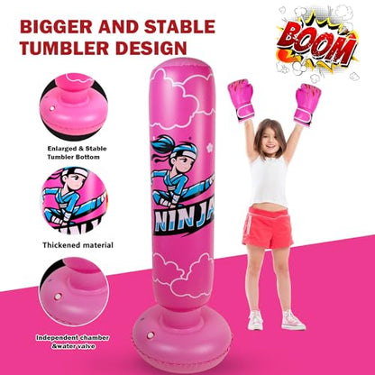 Onirii 66 Inch Kids Inflatable Punching Bag | Large Stable Kids Inflatable Boxing Bag Toy Set with Gloves for Boys & Girls Age 3-12 for Taekwondo,MMA and Practicing Karate - color: Ninja Pink