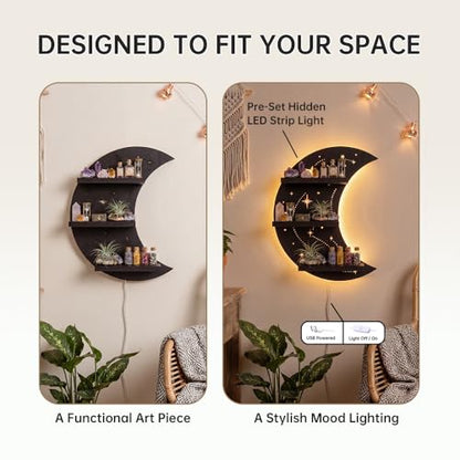 Crescent Moon Shelf with LED Light, Trinket Shelf & Whimsical Celestial Room Decor, Celestial Decor Crystal Holder Witchy Wall Decor for Living Room, Bedroom
