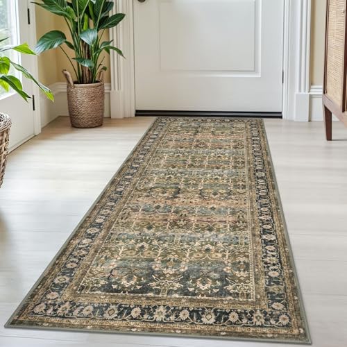 SIILOOM 2x5 Washable Rug Olive Charcoal Small Area Rug for Entryway, Soft Slip-Resistant Indoor Door Mat Tribal Floral Low-Pile Kitchen Rugs, Vintage Tribal Carpet for Entrance Kitchen Bedside - color: Olive/Charcoal, size: 2' x 5' (Runner)