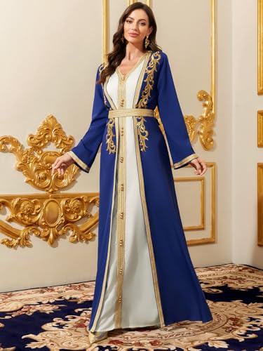 Elegant Muslim Dress with Gold Embroidered Evening Gown, Traditional Islamic Attire - color: Royal Blue, size: X-Small