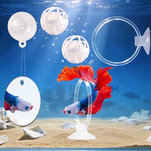 Betta Fish Toys, 2 PCS Fish Exercise Ring and Nitrifying Balls Set, Betta Mirror Toy Set, Feeding Ring with Suction Cup, Fishing Tank Accessories for Gifts (Clear) - color: Clear