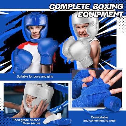 Kanayu 12 Pcs Kids Boxing Equipment Set for Beginners Ages 6-18 Years Including Boxing Helmet and Gloves Hand Wraps Sport Mouthguards Taekwondo Sparring Gear for Kids and Children - color: Blue, White