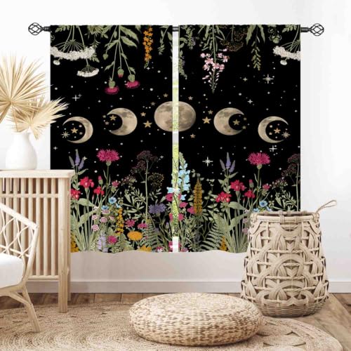 Wild Floral Curtains, Moon Phase Gothic Botanical Moonlit Wildflower Plants Starry Sky Aesthetic Spring Flower Blackout Window Drapes Treatments for Bedroom Living Room Kitchen 2 Panels, 42"x45" Inch - color: Moonlit-03, size: 21"W x 45"L (Pack of 2)