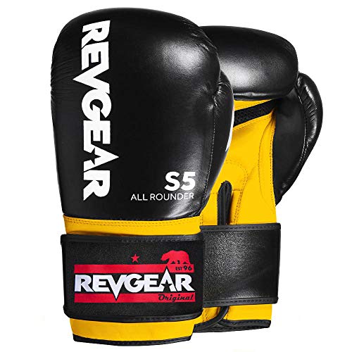 Revgear S5 Leather Muay Thai & Kickboxing Gloves, MMA, UFC, Training Gear - color: Yellow/Black, size: 16OZ