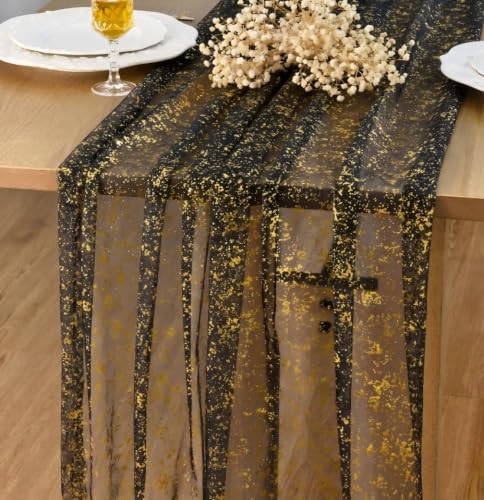 FEXIA 4 Pcs Table Runner, Gauze Glitter Table Runner, Black Gold - color: Black & Gold, size: 4 Pack-10FT