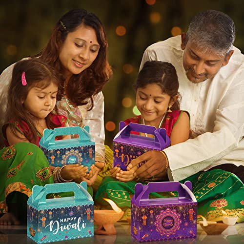 Nezyo 16 Pcs Happy Diwali Gable Boxes Rangoli Lantern Favor Packaging Containers Indian Deepavali Candy Gift Treat Containers Goodie Box for Diwali Party Decorations Lights Festival, 4 Style