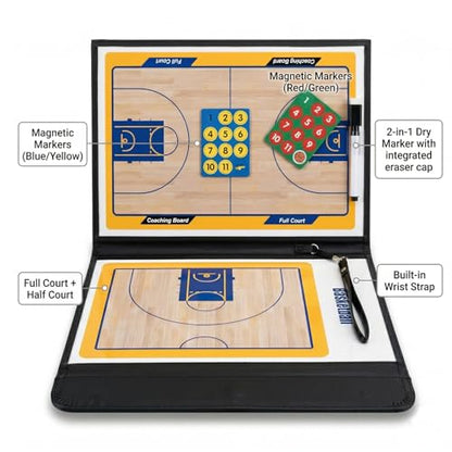 Basketball Clipboard for Coaches, Magnetic Basketball Coaching Board with Player Magnets, Double-Sided Court Tactic Board, Portable Coaching Clipboard for Game & Training, Great Gift for Coaches