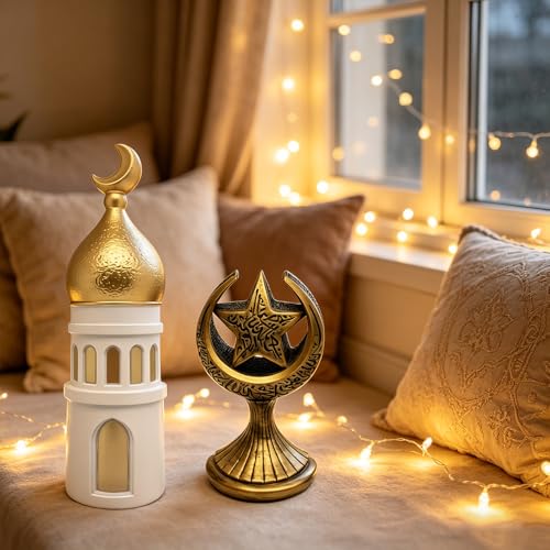 2PCS Ramadan Decoration for Table Set– Islamic Crescent Moon & Mosque Tower + Crescent Star Statues Table Centerpiece, Eid Mubarak Home & Office Decorations, Islamic Festival Decor Gift