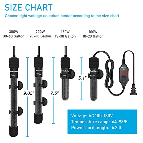 YukiHalu Submersible Aquarium Heater 100W 150W 200W, Adjustable Mini Fish Tank Heater, Small Size, Overheating Protection, External Controller, Used for 0.5-40 Gallons(100W) - size: 100 Watts