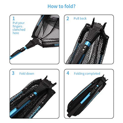 YVLEEN Folding Fishing Net - Foldable Fish Landing Net Robust Aluminum Telescopic Pole Handle and Nylon Mesh 16inch Hoop Size - color: E:16"/40cm(Telescopic Handle) Blue