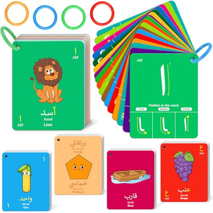 48 Arabic Toddler Flash Cards, Baby Cognitive Flashcards for Kids, Learn Arabic Letters, Number, Color, Shape & Sight Words, Educational Toys with English Transliteration for Preschool Kindergarten