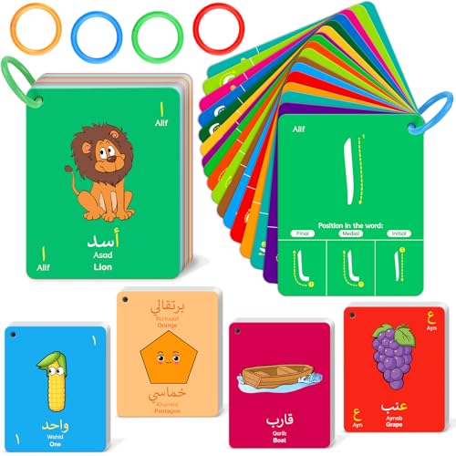 48 Arabic Toddler Flash Cards, Baby Cognitive Flashcards for Kids, Learn Arabic Letters, Number, Color, Shape & Sight Words, Educational Toys with English Transliteration for Preschool Kindergarten