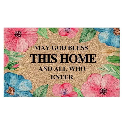 Christian Floral Faux Coco Coir Doormat Door Mat, May God Bless This Home and All Who Enter Decorative Welcome Doormat for Home Indoor Outdoor Porch Front Door Entrance Outside, 17x30 Inch - color: Bible 06