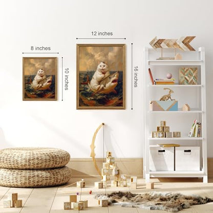 ICHZUMW Framed Funny White Cat Riding Shark Ocean Canvas Wall Art 12x16 In - color: White Shark Rider, size: 16"L x 12"W