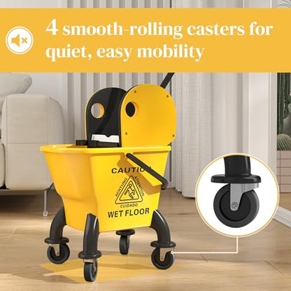 HOMCOM Mop Bucket with Wringer on Wheels, 27.5 Quart, with Mop, Yellow | Down Press Wringer, Handle and Mop, Floor Cleaning - color: Yellow, size: 27.5 Quart