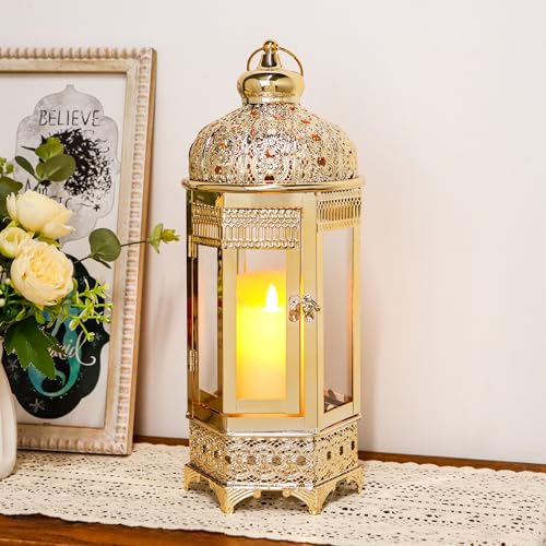TRIROCKS Moroccan Candle Lantern16'' Gold Hexagonal Candle Holder with Tempered Glass Decorative Indoor Outdoor Ramadan Lantern for Living Room Garden Yard Patio Parties Events (Gold) - size: 16"H