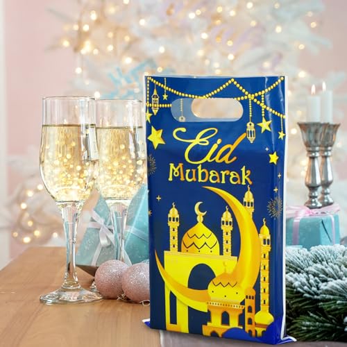 Whaline 50 Pcs Eid Mubarak Party Favor Bags Ramadan Treat Bags with Handles Blue Gold Plastic Candy Goodie Bags for Islamic Muslim Party Favors Supplies