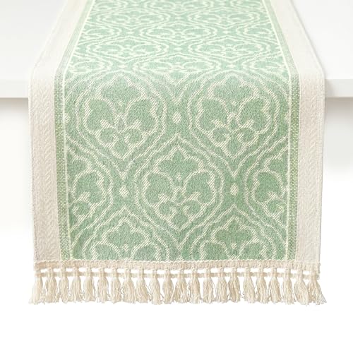 Table Runner, 13.8 x 72 Inch, Jacquard Woven with Tassels - color: Polyester-sage Green