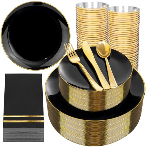 NOCCUR 350PCS Black and Gold Plastic Plates - Black Disposable Dinnerware Set for 50 Guests, 100 Dinner/Dessert Plates, 150 Gold Silverware, 50 Cups&50 Napkins for Party/Birthday/Halloween - color: Classic Black