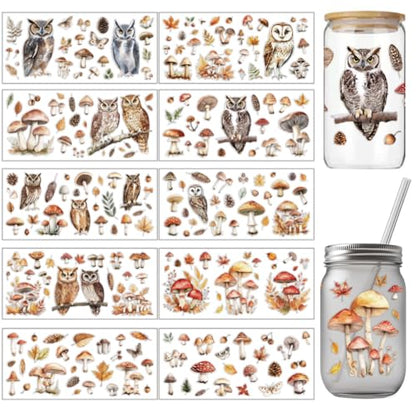 arricraft 10 Pcs Colorful Owl Theme Cup Printing UV Transfer Papers, 10 Styles Mushrooms Leaves Pine Cones Feathers UV DTF Cup Wrap Stickers for 16 OZ Glass Cups Crafts 9.5x4.3inch - style: Colorful Owl Theme