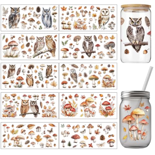 arricraft 10 Pcs Colorful Owl Theme Cup Printing UV Transfer Papers, 10 Styles Mushrooms Leaves Pine Cones Feathers UV DTF Cup Wrap Stickers for 16 OZ Glass Cups Crafts 9.5x4.3inch - style: Colorful Owl Theme