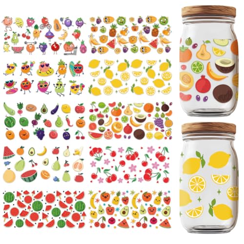 10 Sheets UV DTF Cup Wraps, 10 Styles Fruit Transfer Stickers Waterproof Transfer Stickers Cartoon Rub on Decals for Glass Cups Wood Crafts - style: Cute Fruit