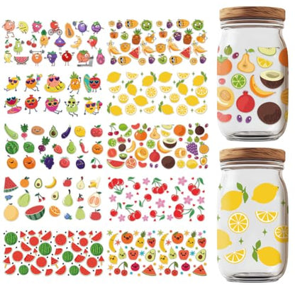 10 Sheets UV DTF Cup Wraps, 10 Styles Fruit Transfer Stickers Waterproof Transfer Stickers Cartoon Rub on Decals for Glass Cups Wood Crafts - style: Cute Fruit