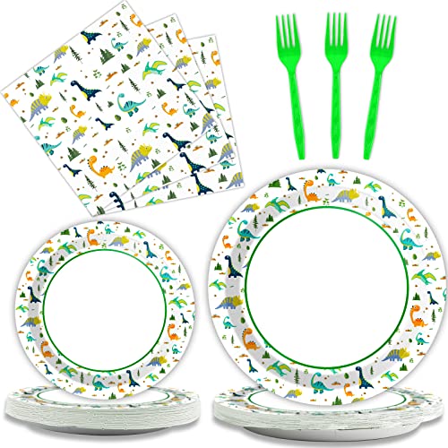 Wiooffen 96 Pcs Dinosaur Party Plates Napkins Watercolor Dinosaur Paper Tableware Supplies Set Cartoon Dino Disposable Dinnerware Decoration for Birthday Party Baby Shower, 24 Guests - style: Dinosaur Party