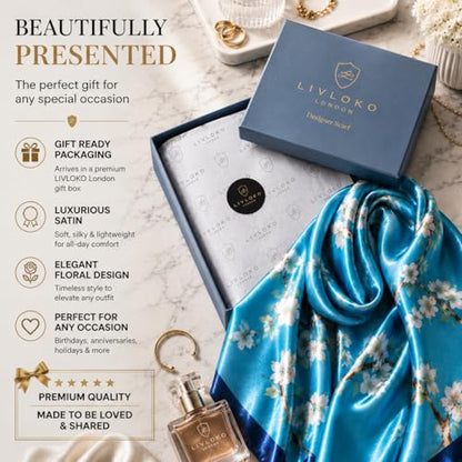 LONDON Women’s Satin Silky Scarf Gift Box Large Lightweight Silky Smooth Shawl Wrap for Hair, Head, Neck or Hijab - color: Almond Blossom - Box