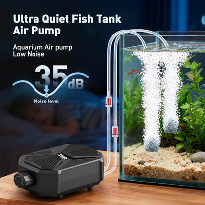 hygger Aquarium Air Pump, Ultra Quiet Oxygen Aerator with Air Stone Airline Tubing Check Valve, Aquarium Fish Tank Air Bubbler for 3 to 79 Gallon Tank and Bucket - size: Medium