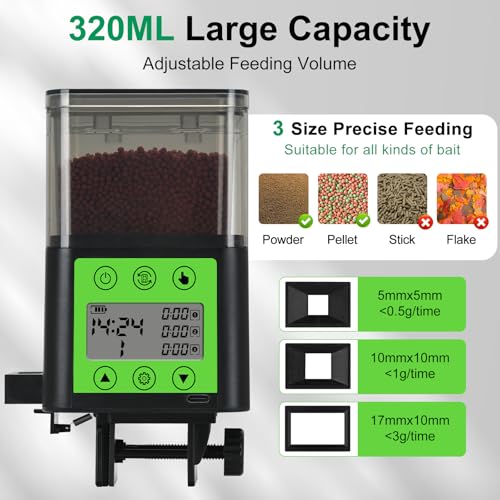 Lychee Automatic Fish Feeder USB Rechargeable 320ML Large Capacity Aquarium Fish Food Dispenser with Two Feeding Ring, Moisture-Proof-Aquarium Electric Timer Feeder for Vacation Business Trips