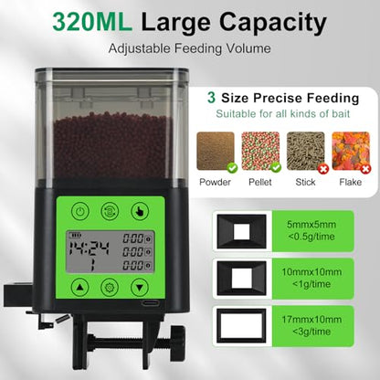 Lychee Automatic Fish Feeder USB Rechargeable 320ML Large Capacity Aquarium Fish Food Dispenser with Two Feeding Ring, Moisture-Proof-Aquarium Electric Timer Feeder for Vacation Business Trips