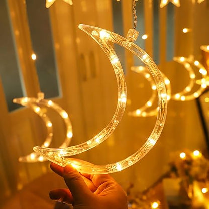 LED Moon Star Curtain String Lights, 138 LED USB Powered Fairy Hanging Lights with 8 Lighting Modes 6-Hour Timer Waterproof for Bedroom Wall Window Christmas Decoration (Moon) - style: Moon