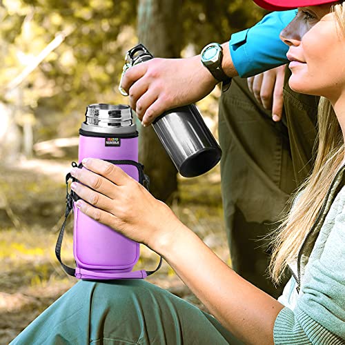 Nuovoware Water Bottle Carrier Bag, 25oz/32oz Bottle Pouch Holder, Adjustable Shoulder Hand Strap 2 Pocket Sling Neoprene Sleeve Sports Water Bottle Bag for Men Women Hiking Travel, Taro Purple | Adjustable Shoulder Hand Strap, 2 Pocket, Neoprene Sleeve,