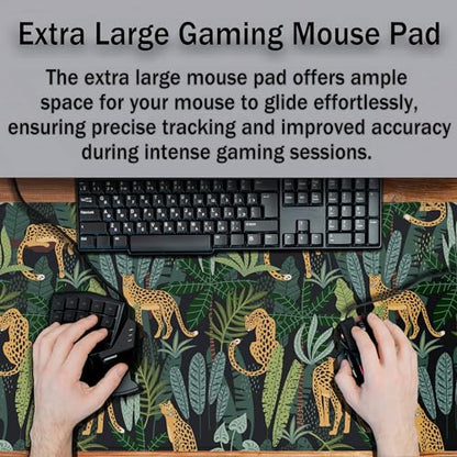 Extra Large Mouse Pad Yellow Green Office Desk Mats Gaming Mousepad Ga Mouse Pad Non-Slip Rubber Base Waterproof with Stitched Edges 35.4" X 15.7" for Game Office, Tropical Leaves - color: Leopard/Tropical Leaves