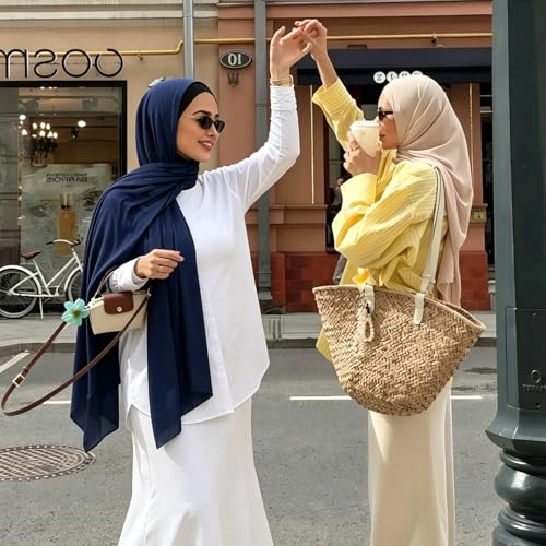 Hijab Scarf for Women, 3PCS Set with Undercap and Hijab Clip Lightweight Modal Muslim Head Wrap Scarf for Daily - color: Sy4-navy Hijab+white Undercap