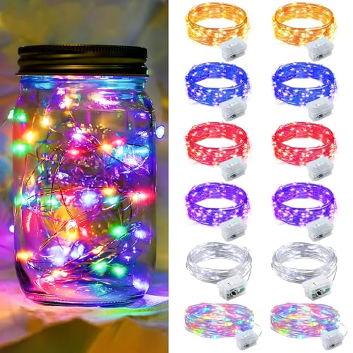 12 Pack Fairy Lights 7Ft 20 LED Twinkle String Lights Battery Operated Waterproof Firefly Starry for Mason Jar Party Wedding Christmas Valentines Day,6-Colors - color: Mixed-Color, size: 12