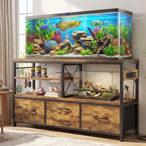 Heybly 55-75 Gallon Fish Tank Stand, Aquarium Stand with Drawer, Power Outlet, Heavy Duty Metal Frame, for Fish Tank, Turtle & Reptile Terrarium, 36.2" L × 18.1" Top, 660lbs(Top)+400lbs(Mid), Rustic Brown HAS005SR - color: Rustic Brown, size: 55-75 gal