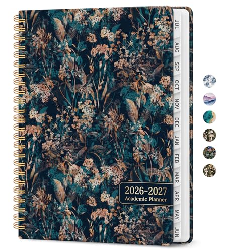 Planner 2026-2027, Academic Monthly and Weekly Calendar Planner for Women, July 2026 - June 2027, Hardcover Pretty Agenda Planner Book with Tabs, Spiral Daily Organizer for School Office Home Supplies, 6.3" x 8.5" - Royal Flowers - color: B-Royal Flowers,