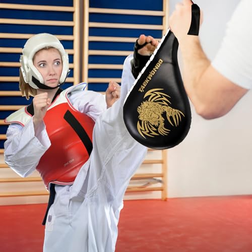 Tlence 2 Pack Taekwondo Kick Pads, 15 x 7.5 x 2 inch Double Kicking Target Paddles, PU Leather Martial Arts Training Pad, TKD Strike Kickboxing Punching Sparring Equipment for Youth Adult - color: Black