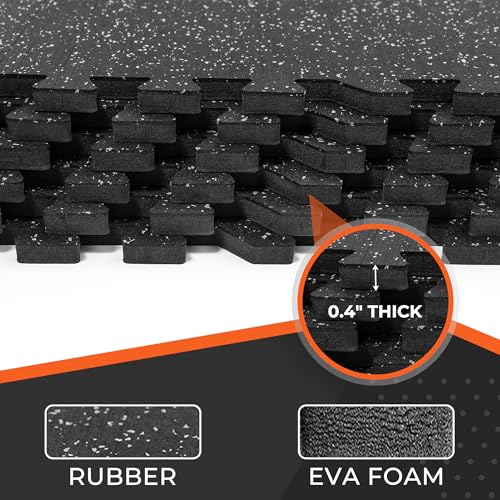 SUPERJARE 0.4'' Thick 36 Pcs 144 Sq Ft Rubber Top Exercise Equipment Mats, High Density EVA Foam Mats with Rubber Top, Interlocking Gym Flooring for Home Gym, Protective Workout Mat, Black/Grey - size: 36 Tiles (144 Sq Ft)
